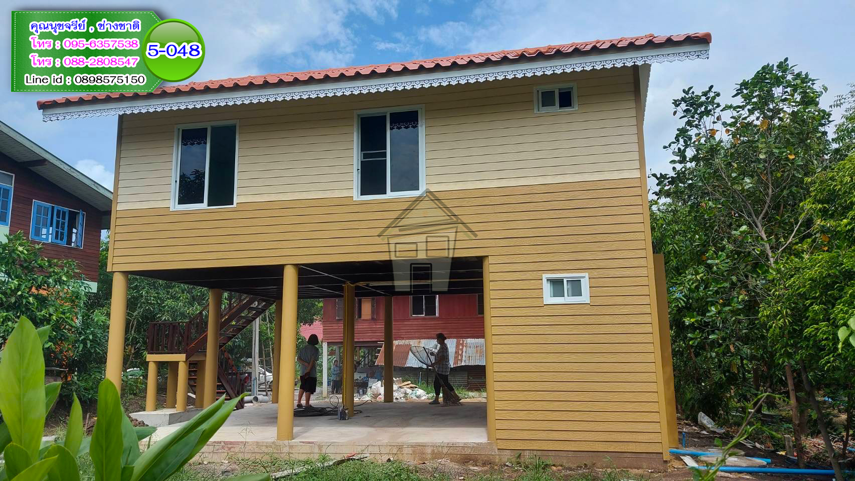 5-048 - บ้านน็อคดาวน์สองชั้นสีน้ำตาล - หลังใหญ่ - ทรงจั่ว