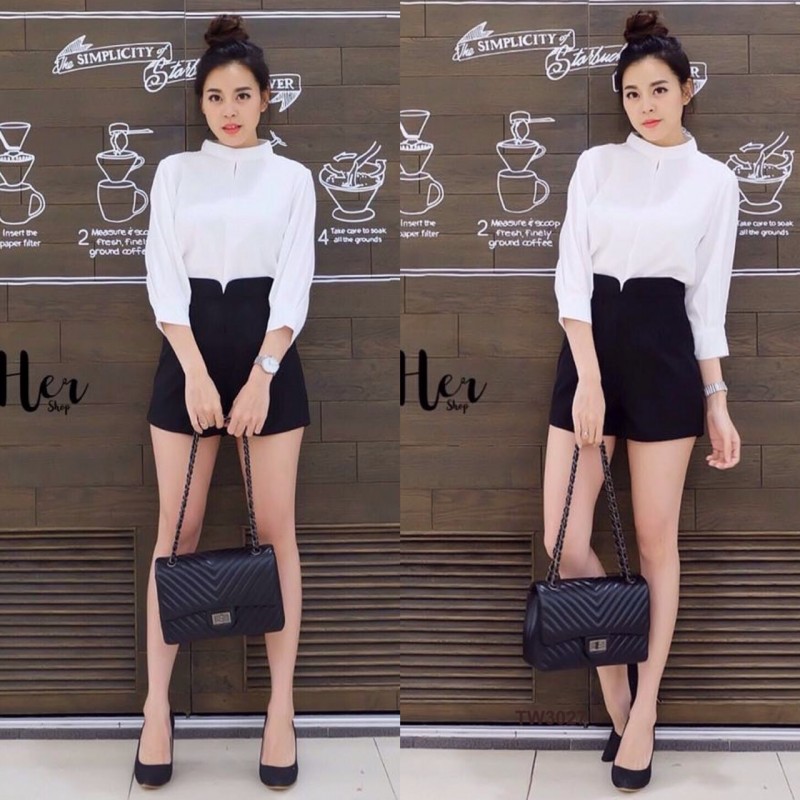 Set 2ชิ้น เสื้อคอปีนแขนยาว+กางเกงขาสั้นเอวเว้า TW3027
