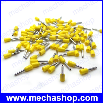 (100ชิ้น) ขั้วต่อสายคอนโทรล ข้อต่อสายไฟ แบบหุ้ม เฟอรู PVC Insulated Bootlace Ferrules VE1508 สีเหลือง 1.5 sq.mm, 16 AWG, พินยาว 8mm วัสดุทองเหลืองชุบ