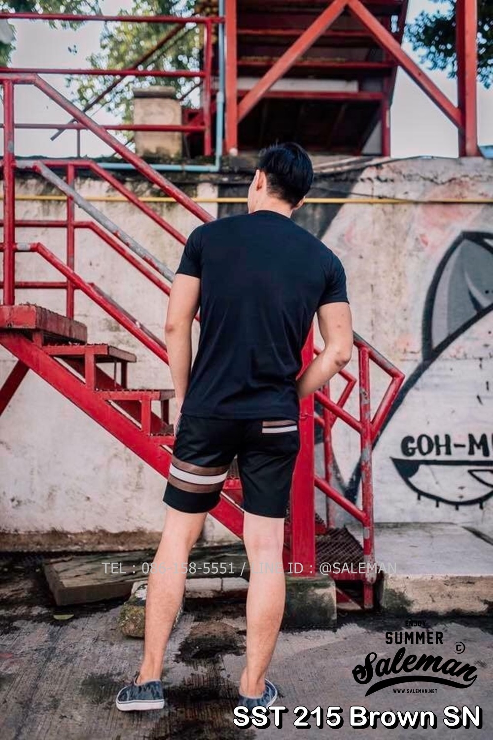 กางเกงขาสั้น พรีเมี่ยม ผ้า COTTON รหัส SST 215 Brown SN สีดำ แถบน้ำตาลงู