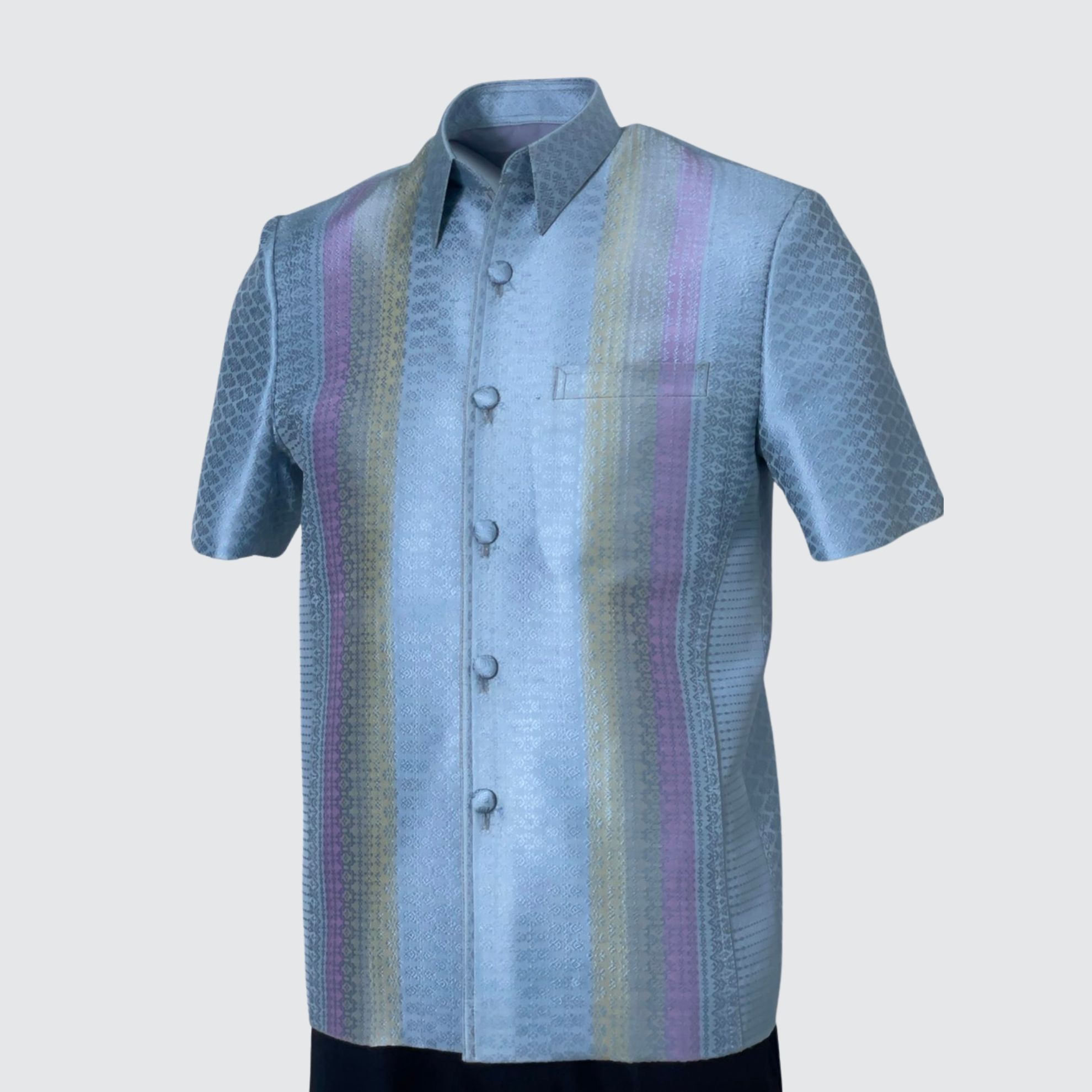 เสื้อสูทซาฟารี แขนสั้น ไหมยกดอกสุรินทร์ | ตัดเย็บตามรูปร่าง | เลือกสีผ้า ส่งไซส์ได้