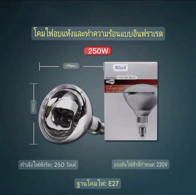 หลอดไฟอินฟราเรดปศุสัตว์245วัตต์ จำนวนบรรจุ 1 โคม / ลัง