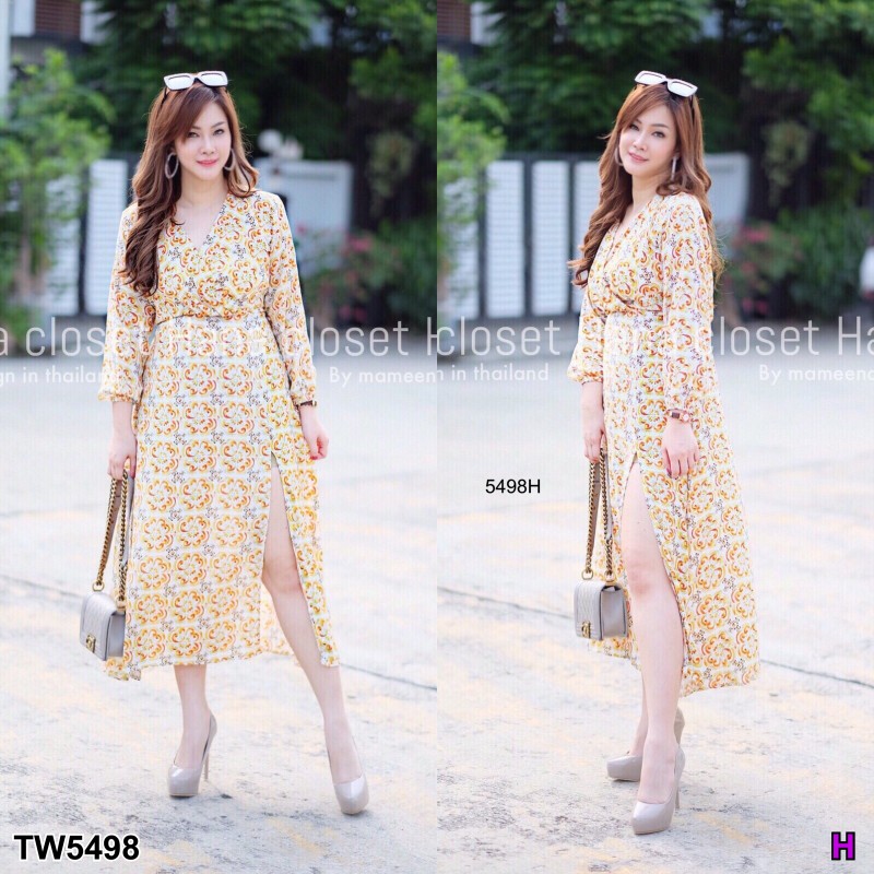 Maxi dress #สาวอวบ แขนยาว ผ่าหน้า ผ้าพิมพ์ลายกราฟฟิก TW5498