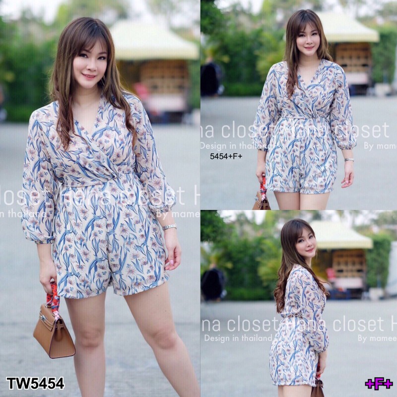 จั้มสูท #สาวอวบ คอวีไขว้อกแขนยาวลายดอก TW5454