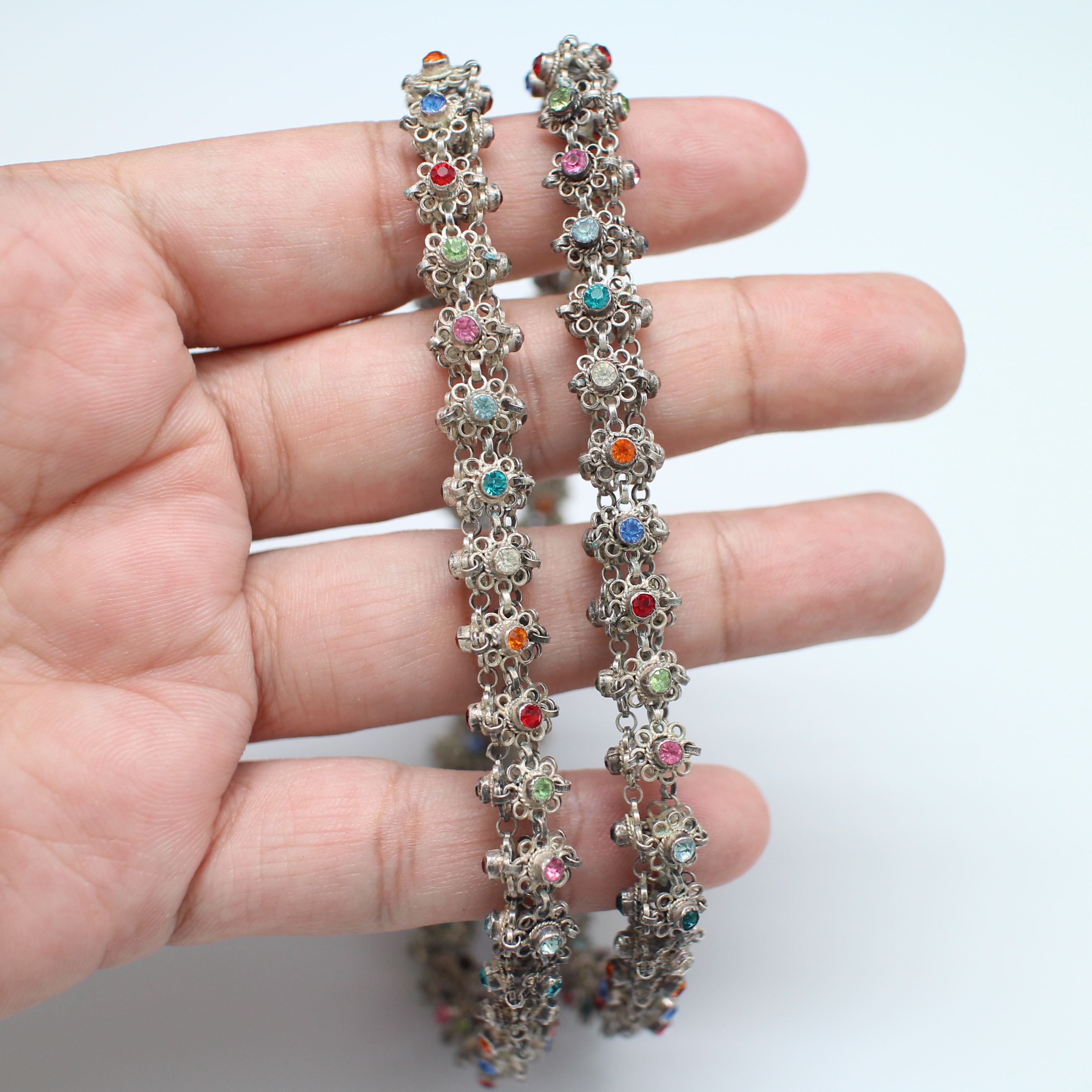 SI386 สร้อยคอเงินดอกพิกุงฝังพลอยหลากสี เงินแท้ นน. 34.9 กรัม ยาว 22 นิ้ว