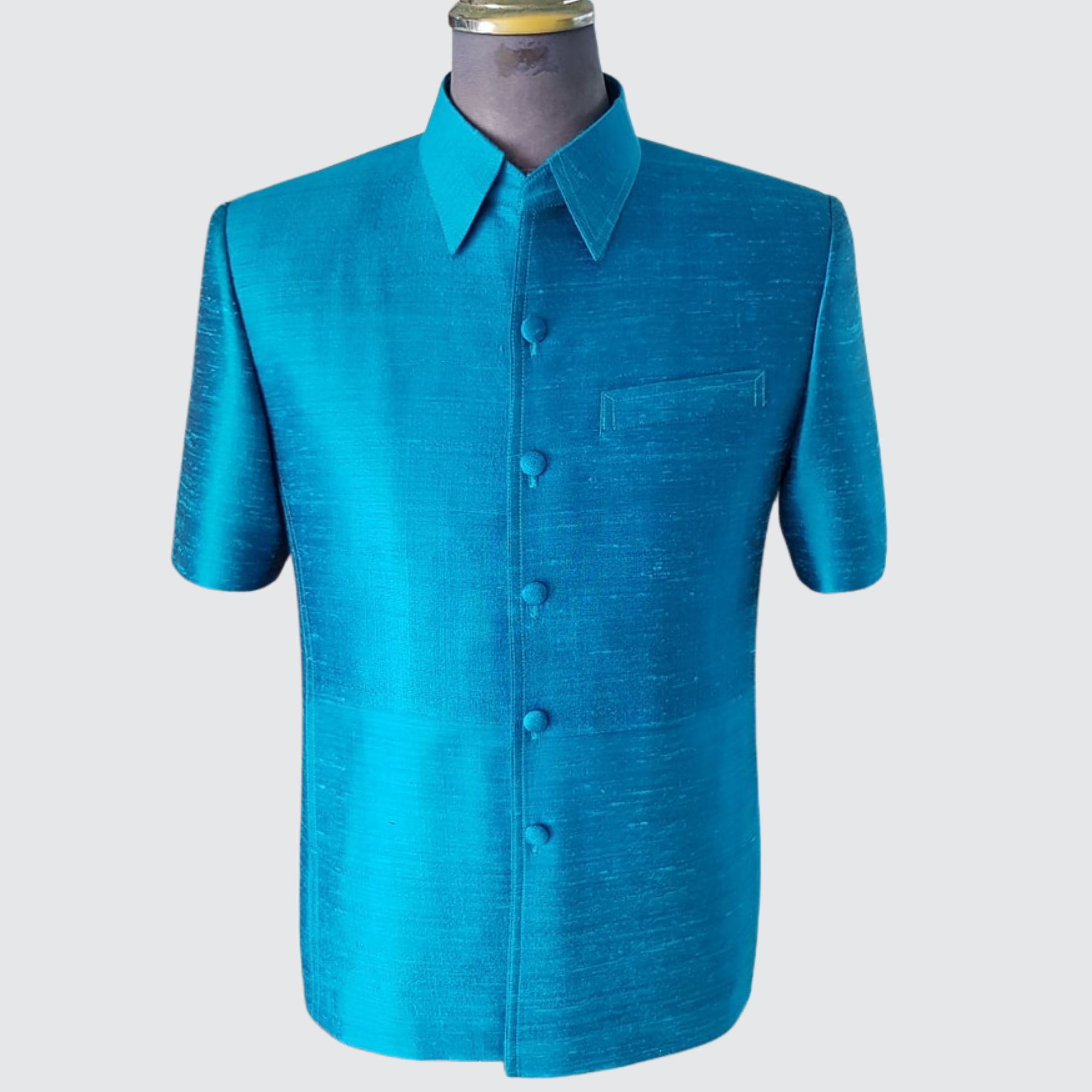 เสื้อสูทซาฟารี แขนสั้น ไหมสีพื้นเนื้อหยาบ | ตัดเย็บตามรูปร่าง | เลือกสีผ้า ส่งไซส์ได้