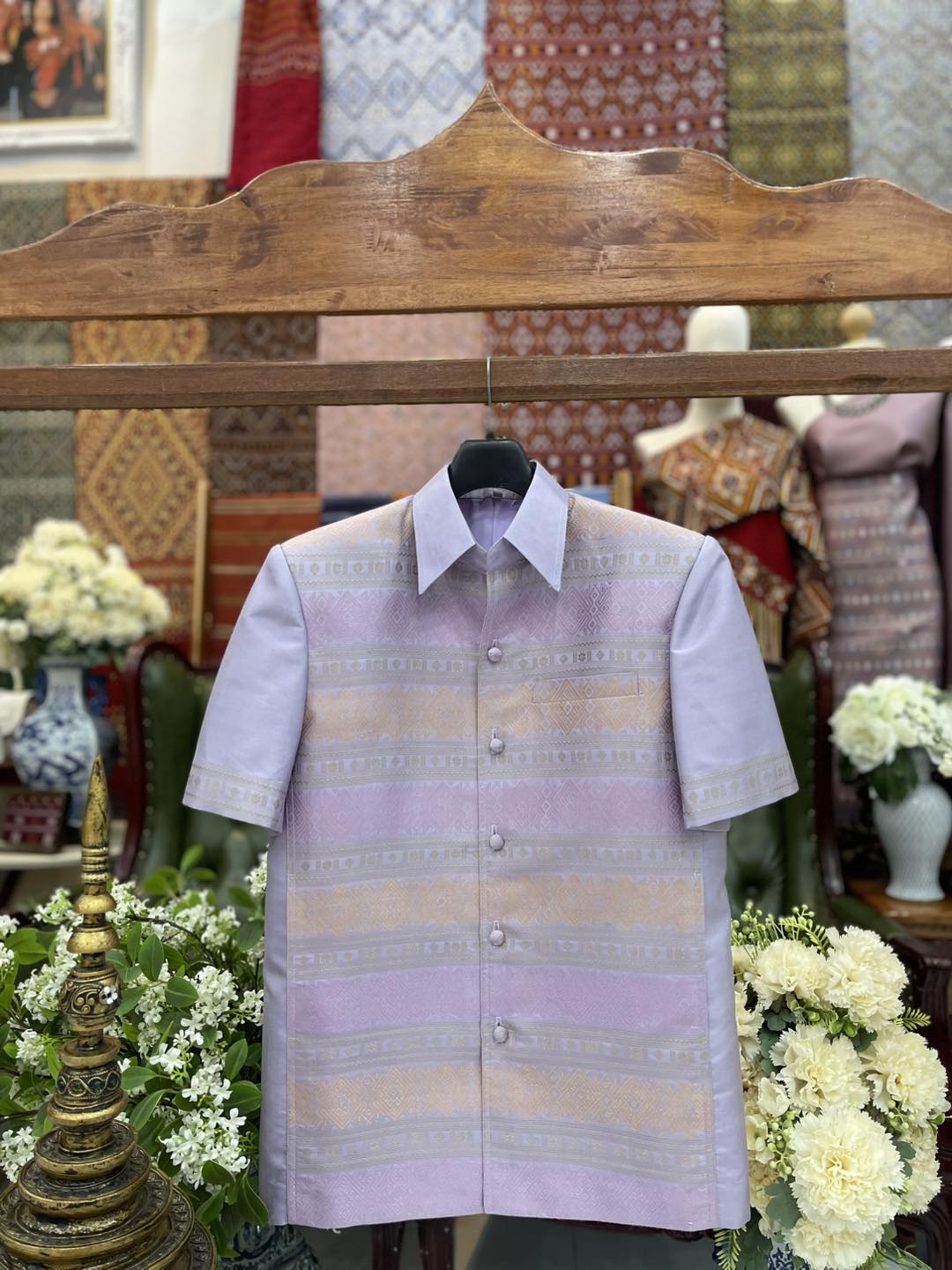 เสื้อสูทไหมแพรวา แขนสั้น สีฟ้าเทา ไซส์L รหัส DR-BM-05236811