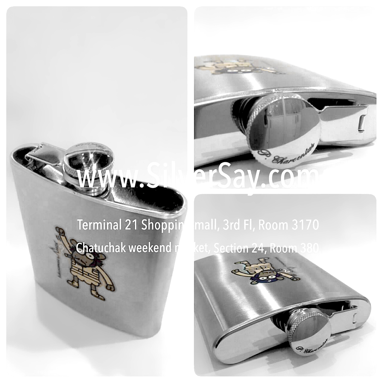 สลักชื่อ "P. Charoentus" บนขวดเหล้าพกพา Hip Flask - Kukuxumusu by LAKEN