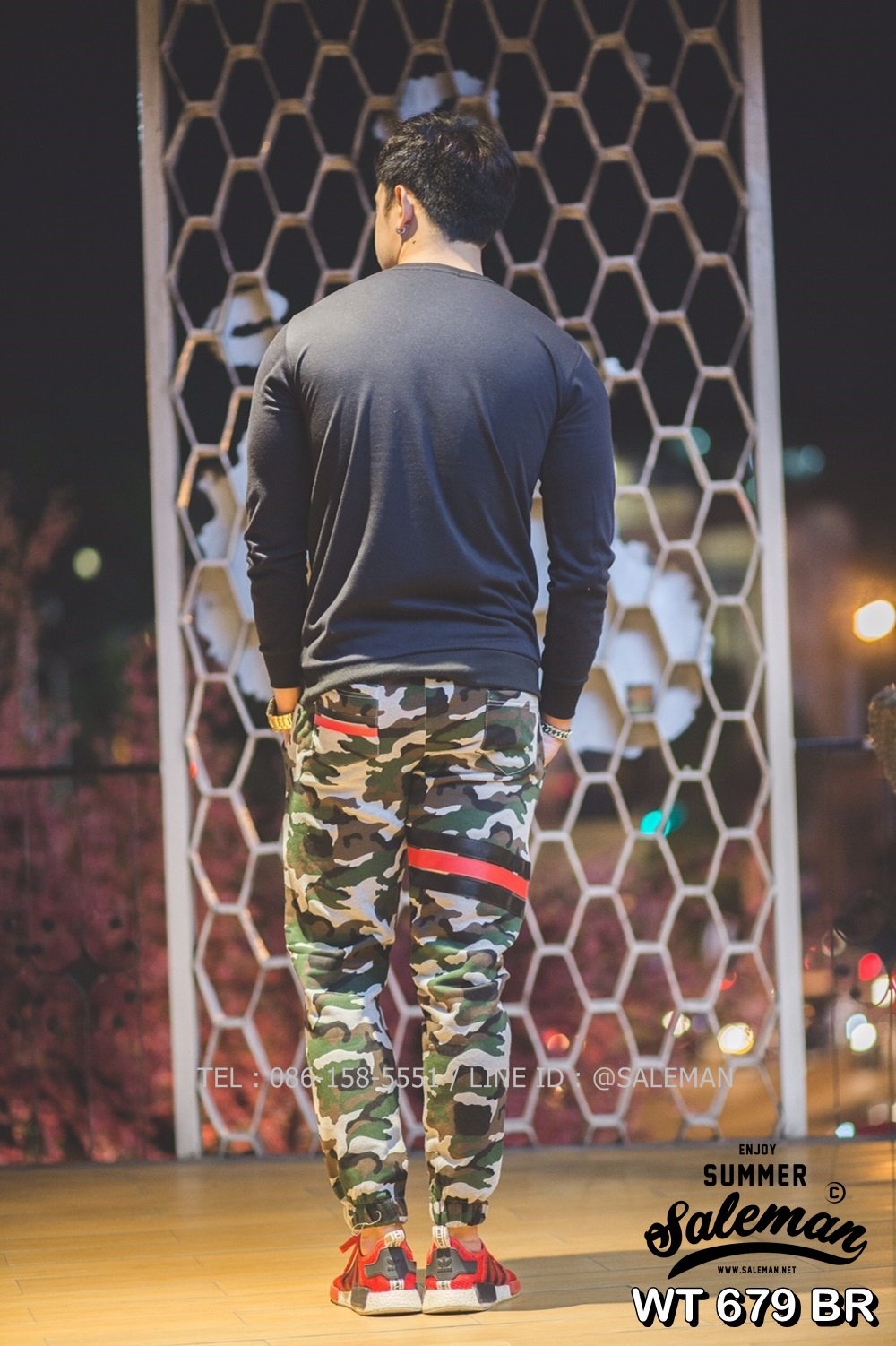 กางเกง Jogger ขาจั๊ม พรีเมี่ยม ผ้า วอร์ม รหัส WT 679 BR สีทหาร แถบ ดำ แดง