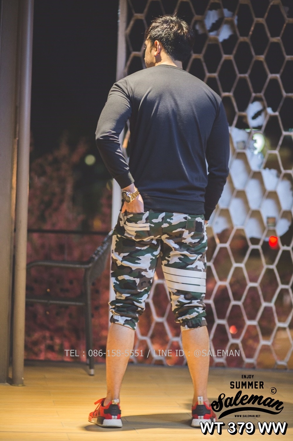 กางเกง Jogger ขาจั๊มสามส่วน พรีเมี่ยม ผ้า วอร์ม รหัส WT 379 WW สีทหาร แถบ ขาว