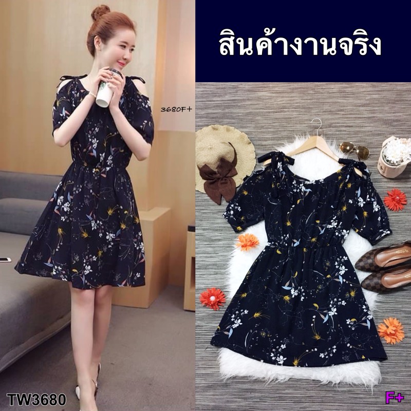 มินิเดรสลายดอกไม้แขนบอลลูนผูกเชือกไหล่ TW3680
