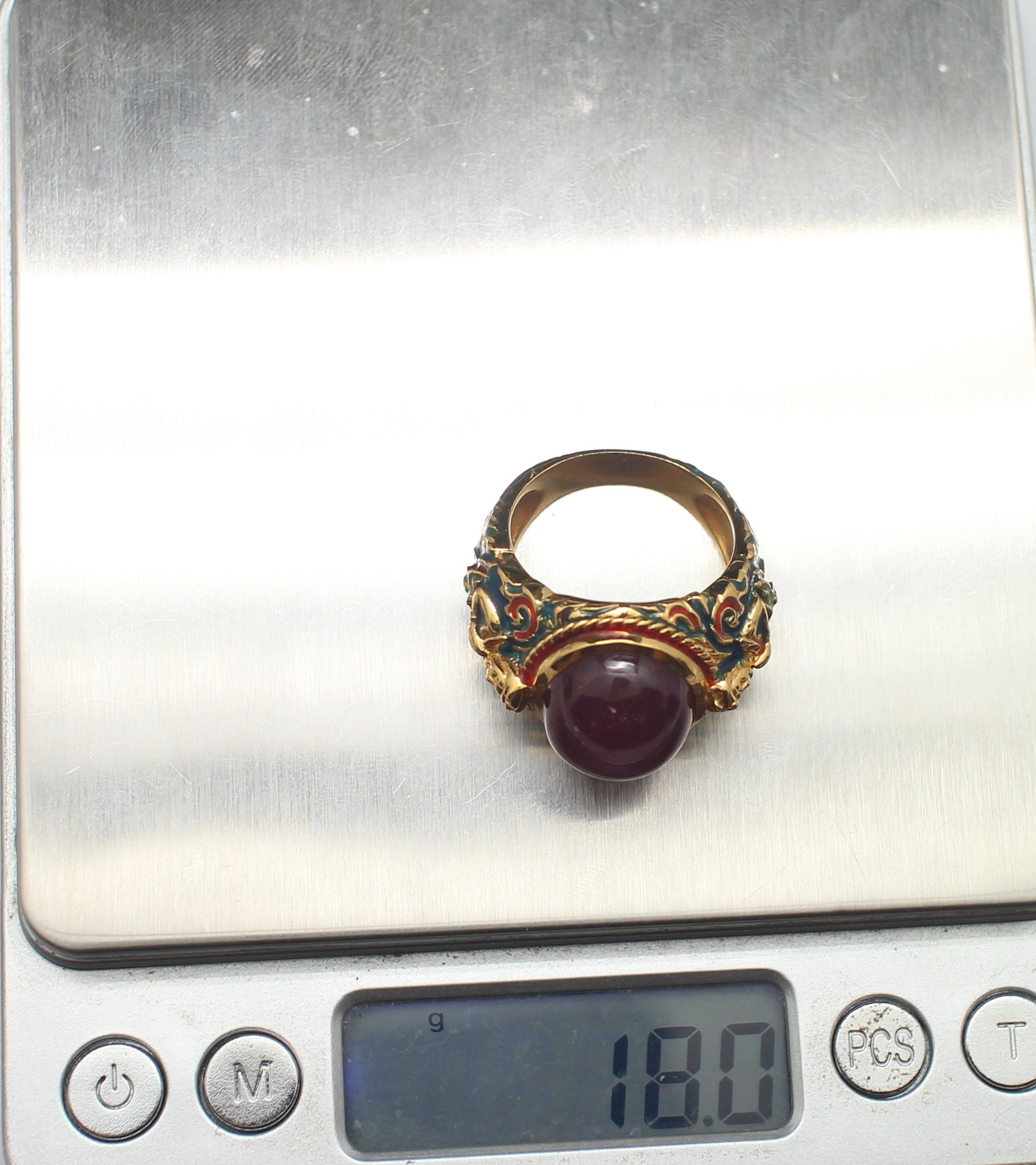 SI193 แหวนทับทิมหลังเบี้ยตัวเรือนลงยาลายเทพพนม เงินแท้ 92.5% นน. 18 กรัม Size 65