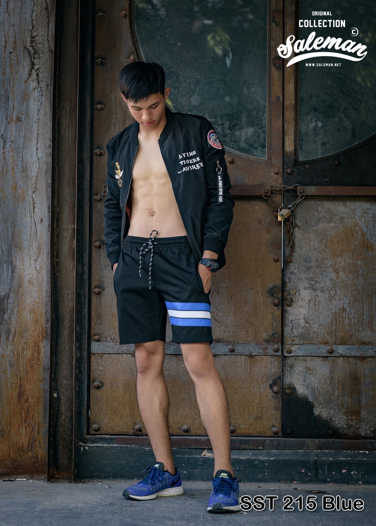 กางเกงขาสั้น พรีเมี่ยม ผ้า COTTON รหัส SST 215 Blue สีดำ แถบ ฟ้าขาว