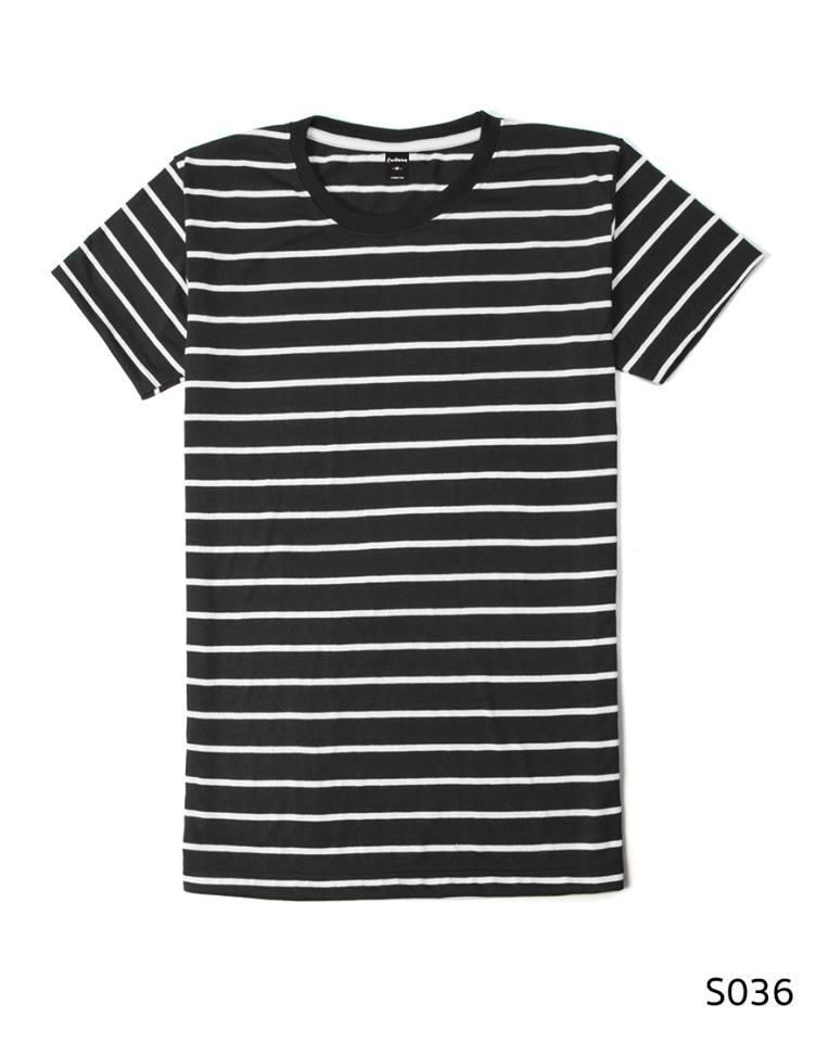 เสื้อยืดคอกลมลายทาง S036 (สีดำริ้วขาว)