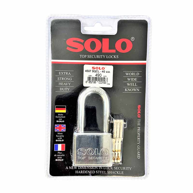 SOLO 4507 SQC-L กุญแจทองเหลืองชุบขาวห่วงยาว ขนาด 35 - 55 มม. โซโล