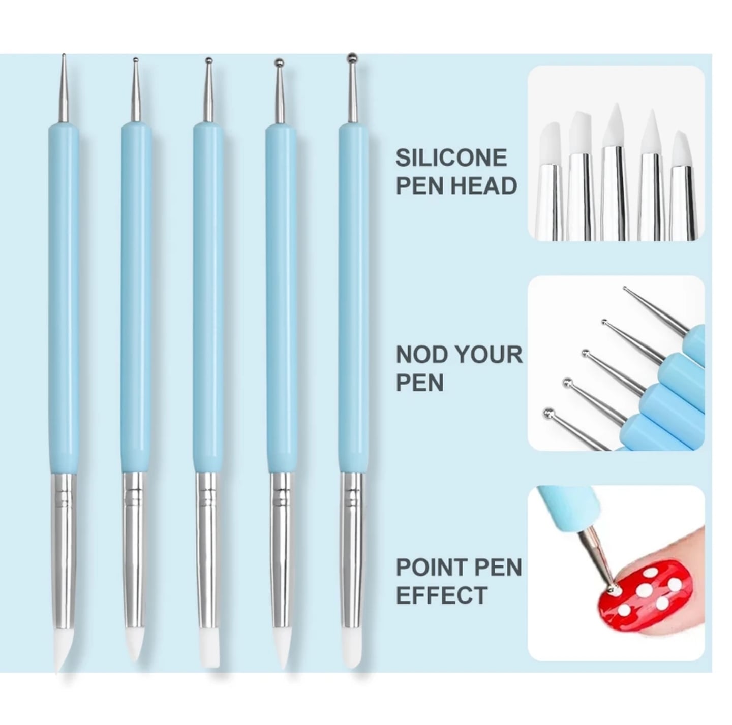 พู่กัน2in1 หัวยางซิลิโคน และ หัวกลมสแตนเลส ไม้ดอททำลายจุด 5แท่ง/เซต