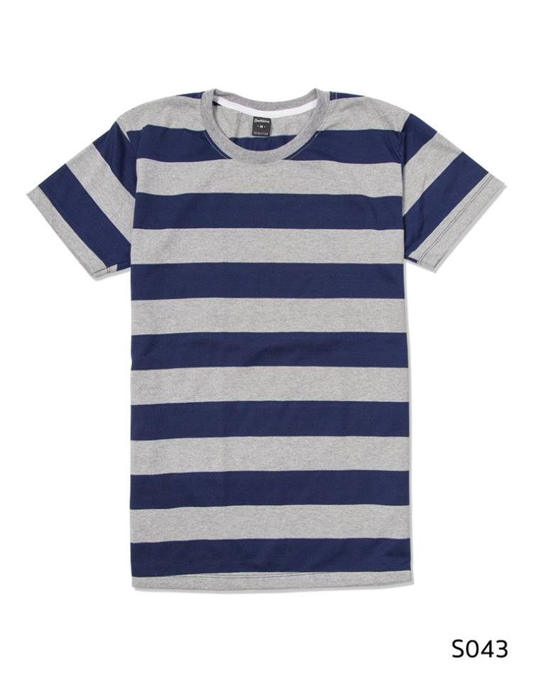 เสื้อยืดคอกลมลายทาง S043 (สีเทากรมท่าริ้วใหญ่)