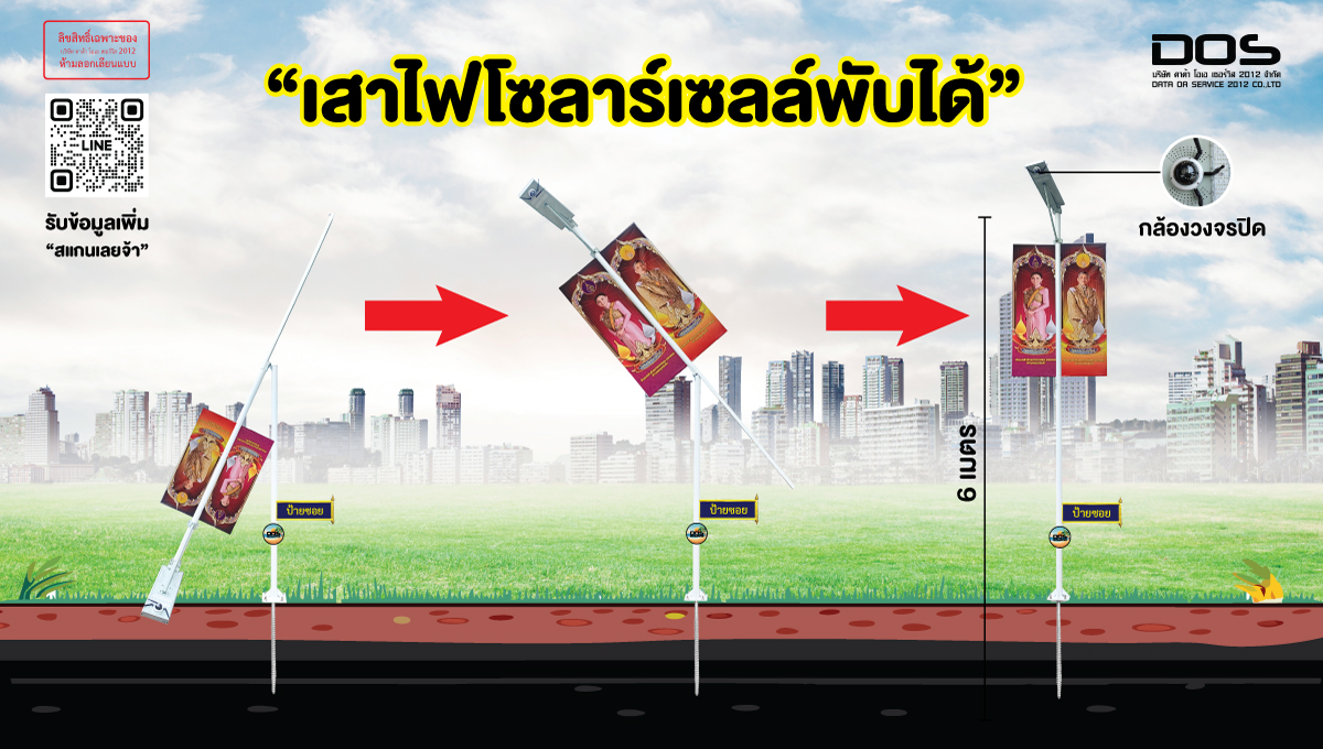 เสาไฟโซล่าเซลล์ 100W แบบพับได้ สูง 6 เมตร ใช้พลังงานแสงอาทิตย์ จำนวน 12 ต้น