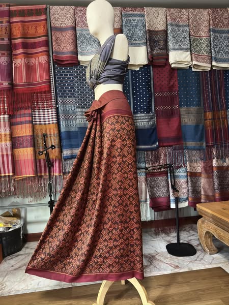 ซิ่น พระตะบอง ผ้าจามทอสามตะกอ ขนาด 120x185ซม พื้นสีแดง รหัส N9-SIL-AJ21