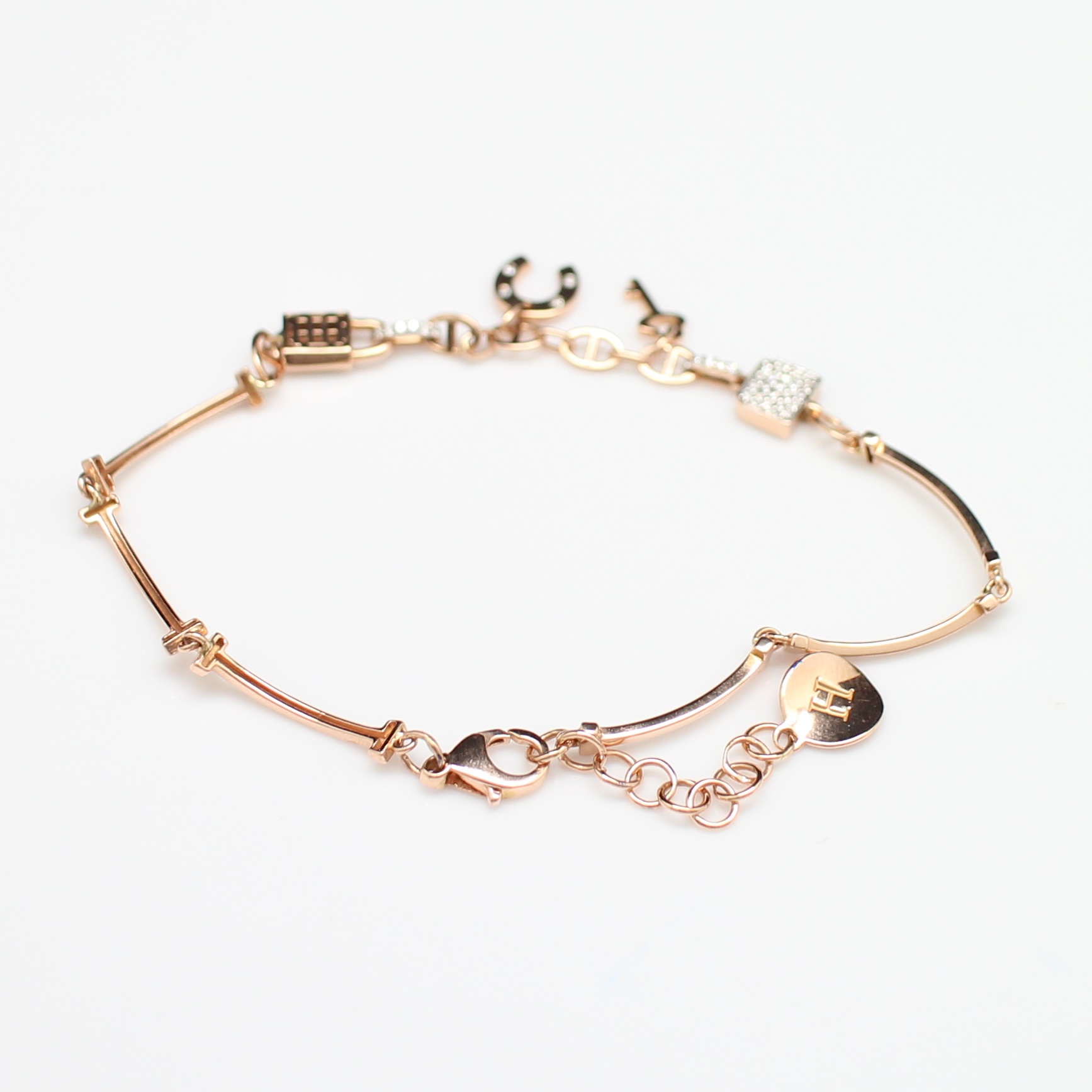 BL25016 สร้อยข้อมือเพชรตุ้งติ้งกุญแจ เพชรแท้ 0.25 กะรัต ทองแท้ 18k Pinkgold นน.รวม 7.3 กรัม ยาว 18-21 ซม.