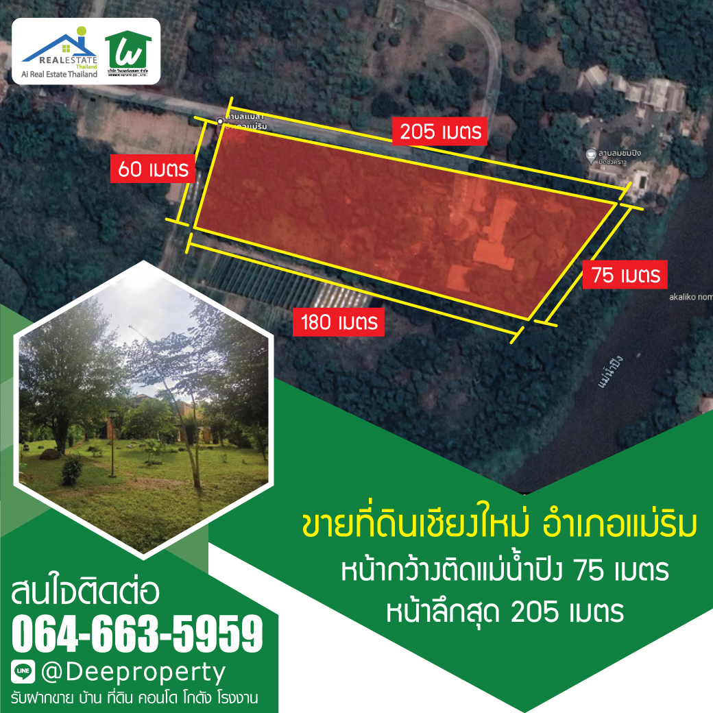 🏡 ขายที่ดินเชียงใหม่ ติดแม่น้ำปิง พื้นที่ดินสีเหลือง ขนาดพื้นที่ 7-3-18 ไร่ ติดแม่น้ำ 75 เมตร ลึก 200 เมตร เหมาะสำหรับทำรีสอร์ท ร้านอาหารริมน้ำ โรงแรม