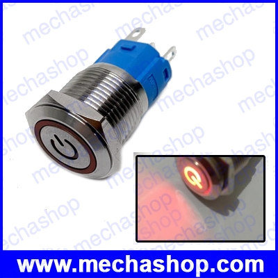 สวิทซ์กดเปิดกดปิด มีไฟโลโก้สีแดง 16mmhigh-grade metal button button switch with self-locking flat LED lamp power symbol LED12V 1NO1NC 5 ขา TY1687Z