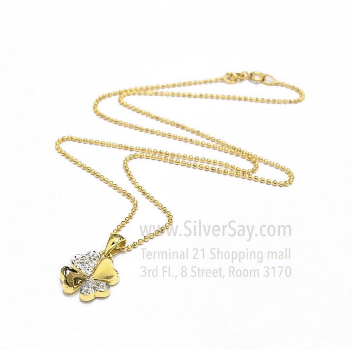 จี้ใบโคลเวอร์ Clover 4 ฝังเพชรสวิส/สลับเกลี้ยง/10มม./สีทองคำ22k