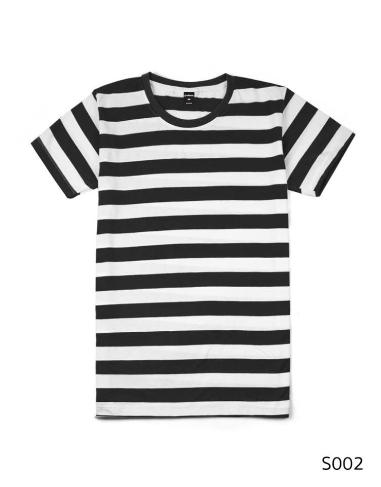 เสื้อยืดคอกลมลายทาง ริ้ว1นิ้ว S002 (สีขาวดำ)