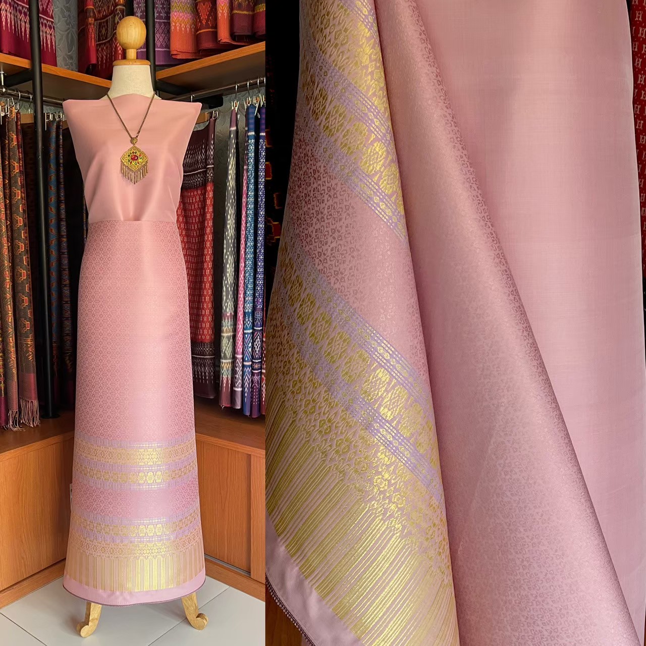 (ผ้าชุด) ผ้ายกใหญ่สุรินทร์ (สีพื้น 2เมตร+ลาย 2.4เมตร) พื้นสีชมพู รหัส N90-MD-08186844