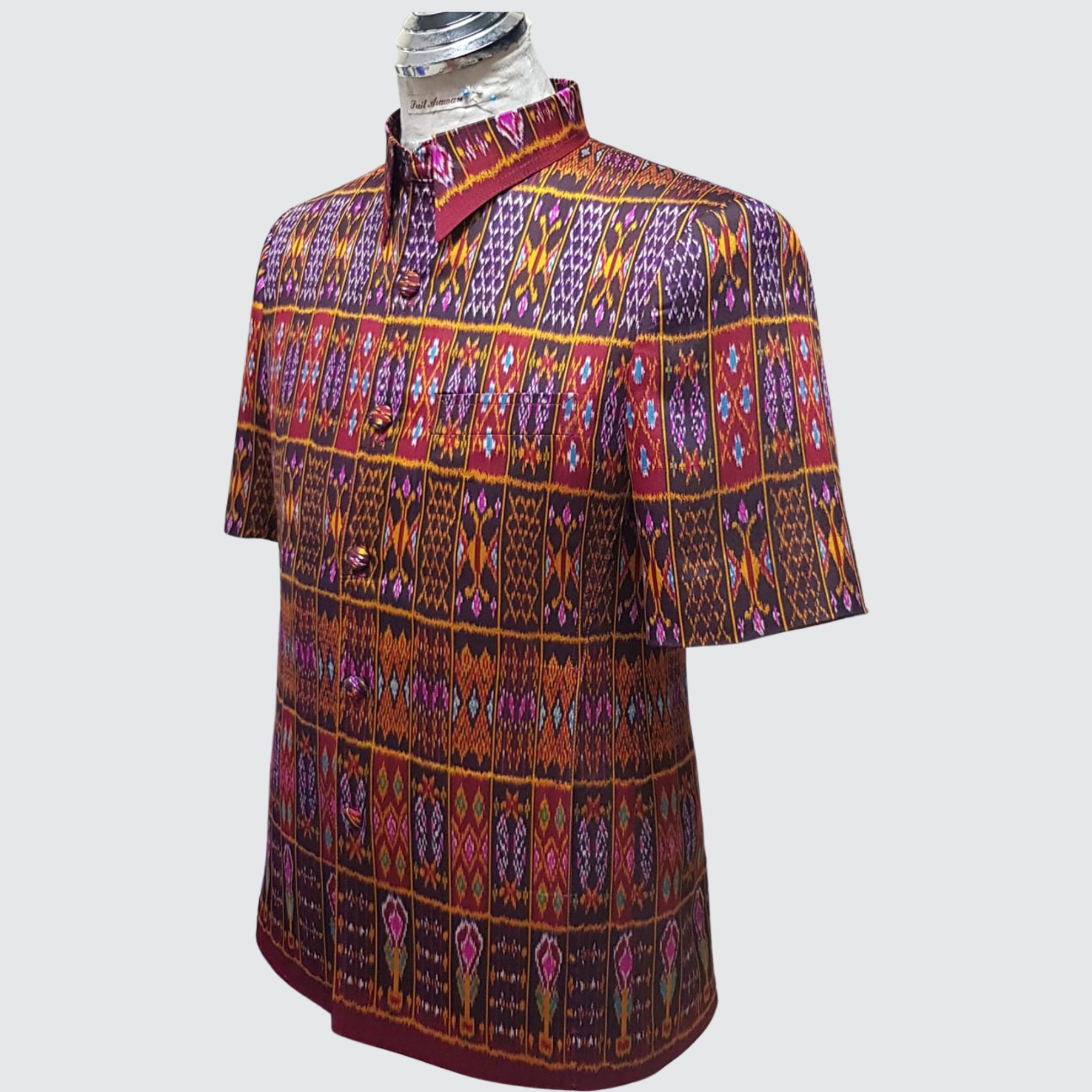 เสื้อสูทซาฟารี แขนสั้น ไหมมัดหมี่3ตะกอ | ตัดเย็บตามรูปร่าง | เลือกสีผ้า ส่งไซส์ได้