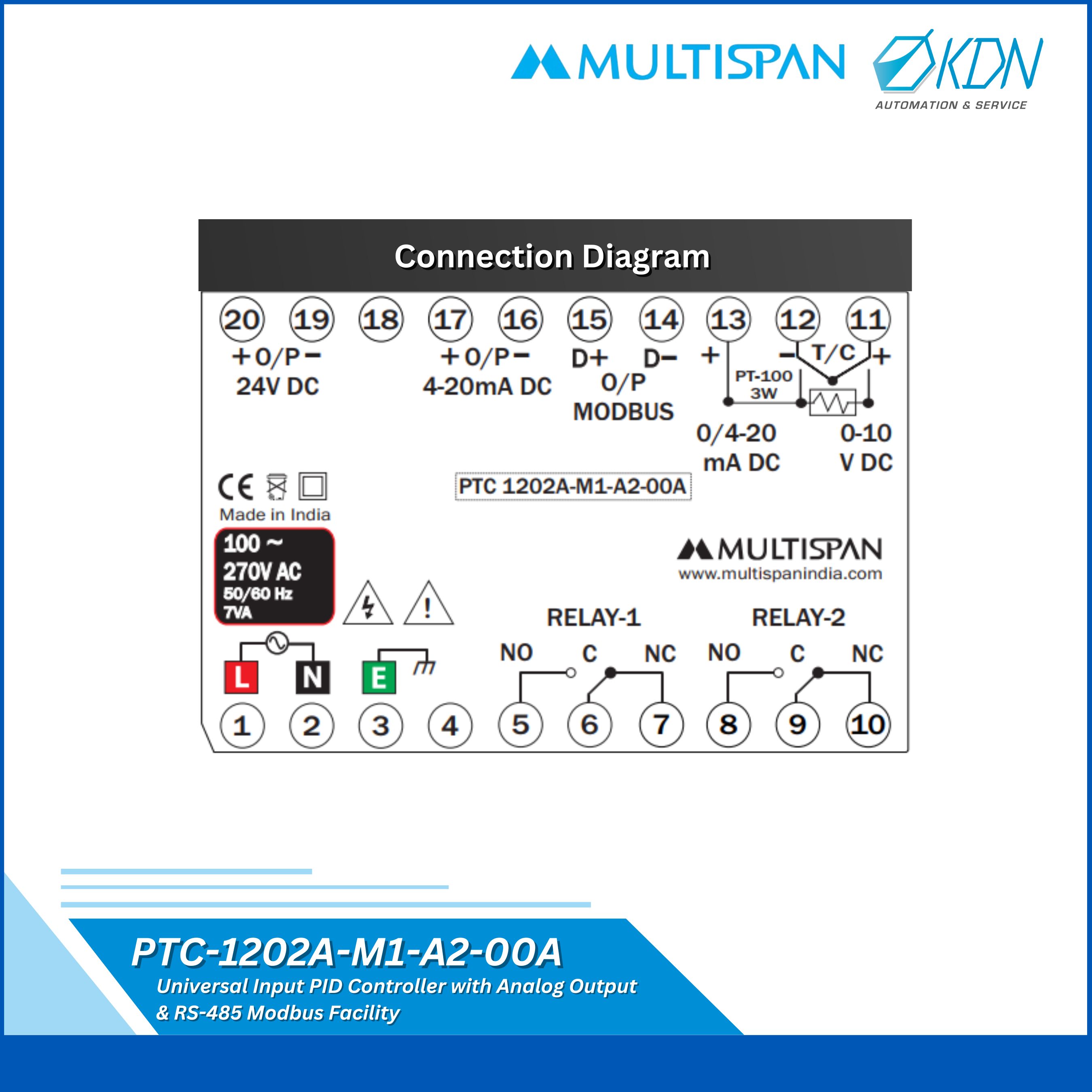 PTC-1202A-M1-A2-00A Multispan Universal Input PID Controller with Analog Output & RS-485 Modbus Facility
