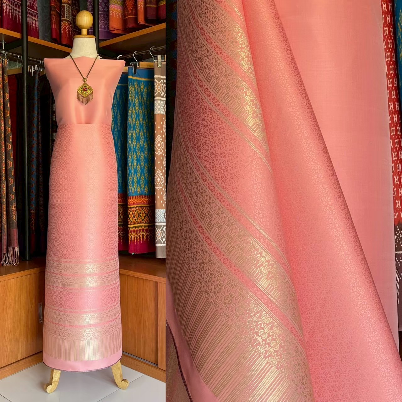 (ผ้าชุด) ผ้ายกใหญ่สุรินทร์ (สีพื้น 2เมตร+ลาย 2.4เมตร) พื้นสีชมพูโอรส รหัส N90-MD-08186832