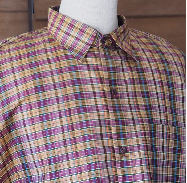 เสื้อเชิ้ตแขนยาว ผ้าไหมลายสก๊อต สีม่วงสลับเหลือง รหัส DN-CT-SKU100853