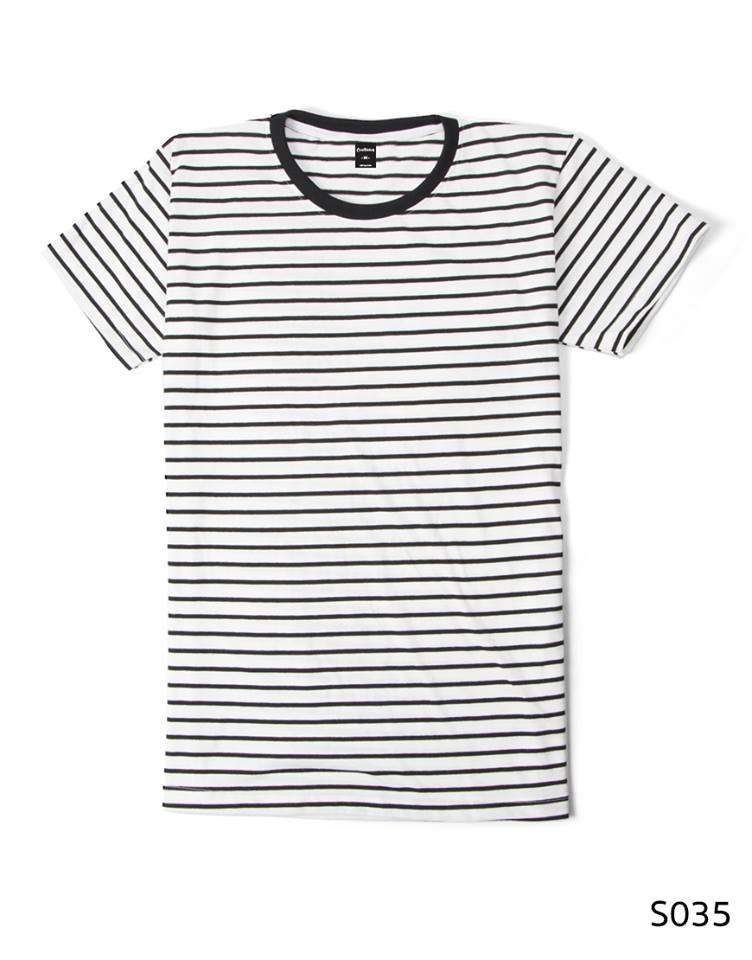 เสื้อยืดคอกลมลายทาง S035 (สีขาวริ้วดำ)