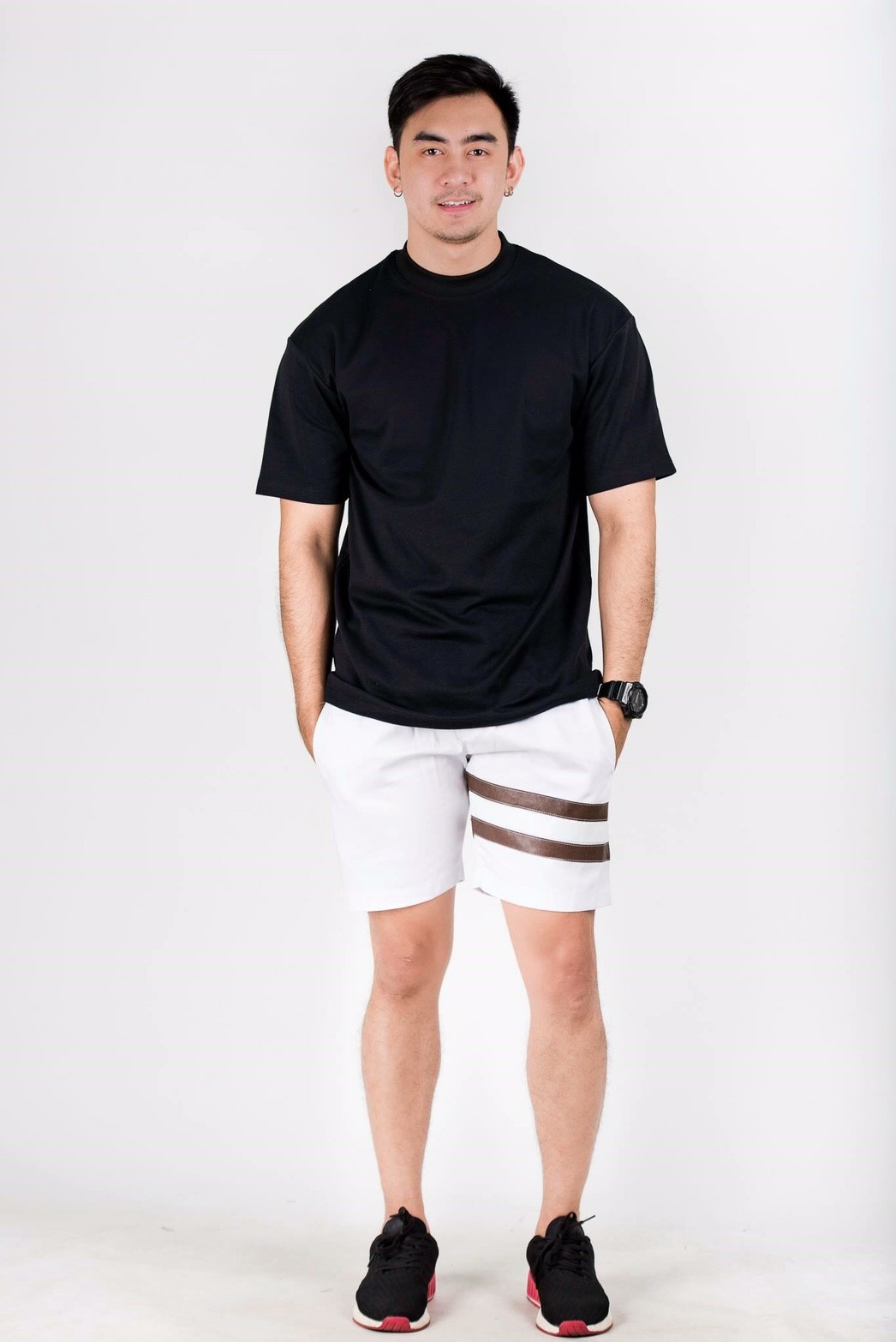 กางเกงขาสั้น พรีเมี่ยม ผ้า COTTON รหัส SST 222 Brown สีขาว แถบน้ำตาล