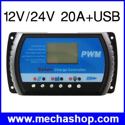 โซล่าชาร์จเจอร์ โซล่าคอนโทรลเลอร์ PWM 20A Solar Charge Controller 12V 24V LCD Display USB 5V