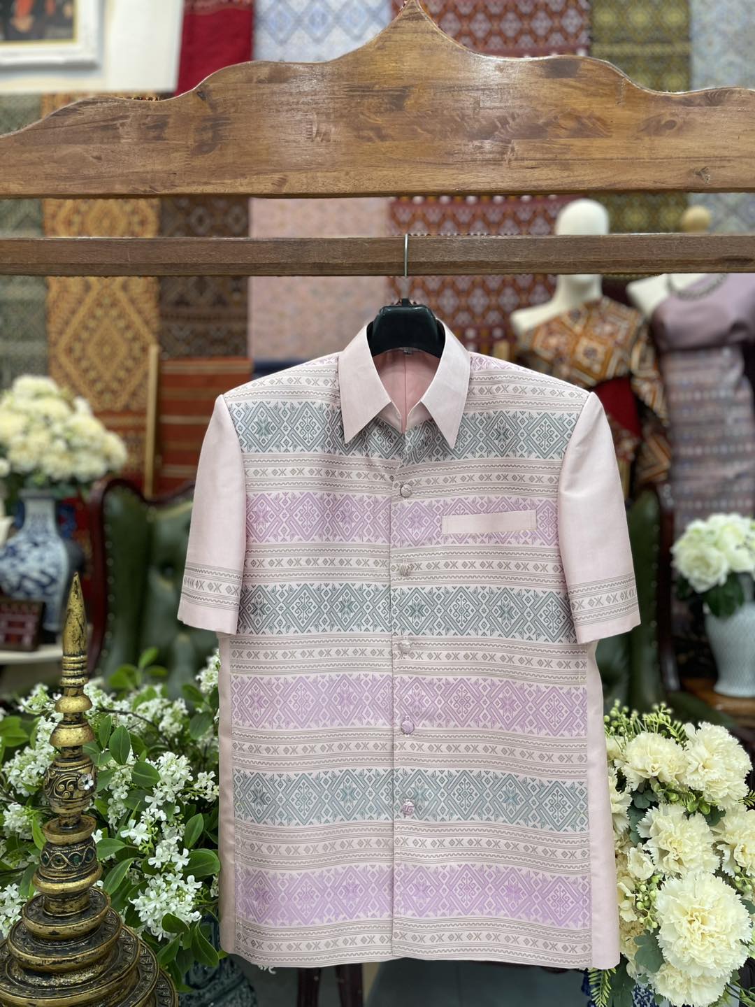 เสื้อสูทไหมแพรวา แขนสั้น สีชมพูนม ไซส์L รหัส DR-BM-05236815