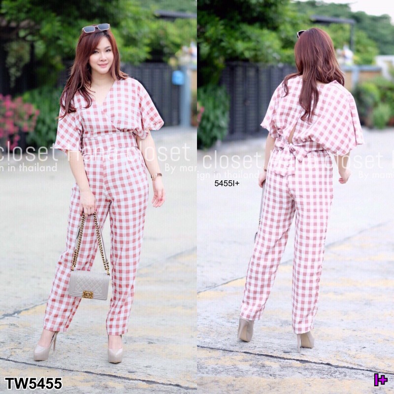 Set #สาวอวบ สื้อคอวีไขว้อก ผูกโบว์หลังลายสก็อต TW5455