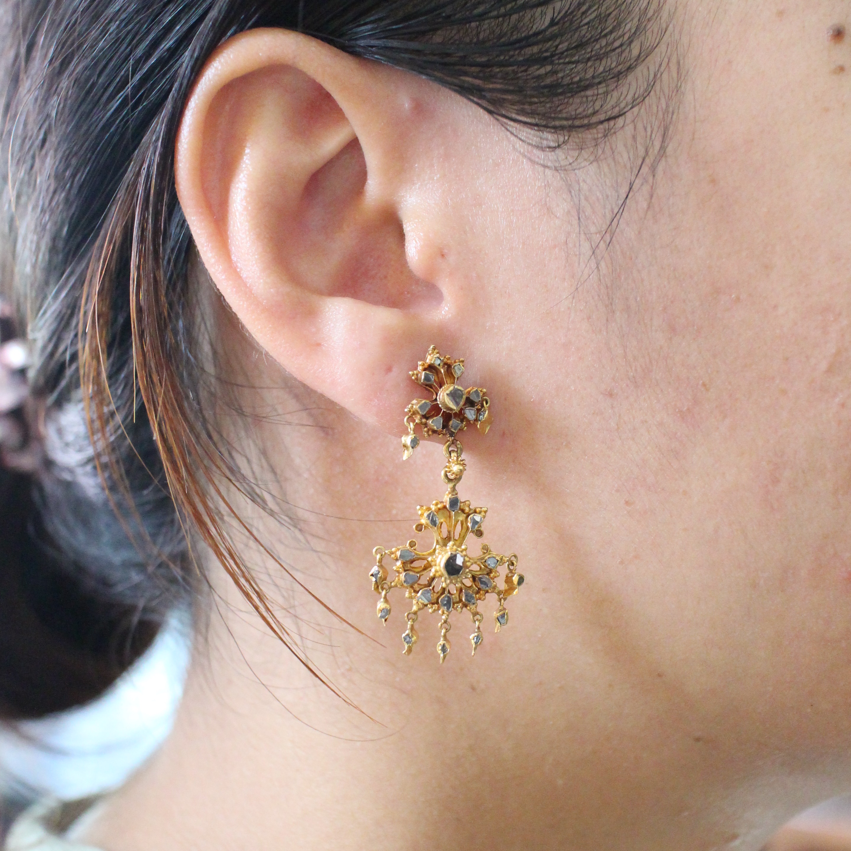 ER25147 ต่างหูระย้าเพชรซีก ทองแท้ 90% นน.รวม 7 กรัม