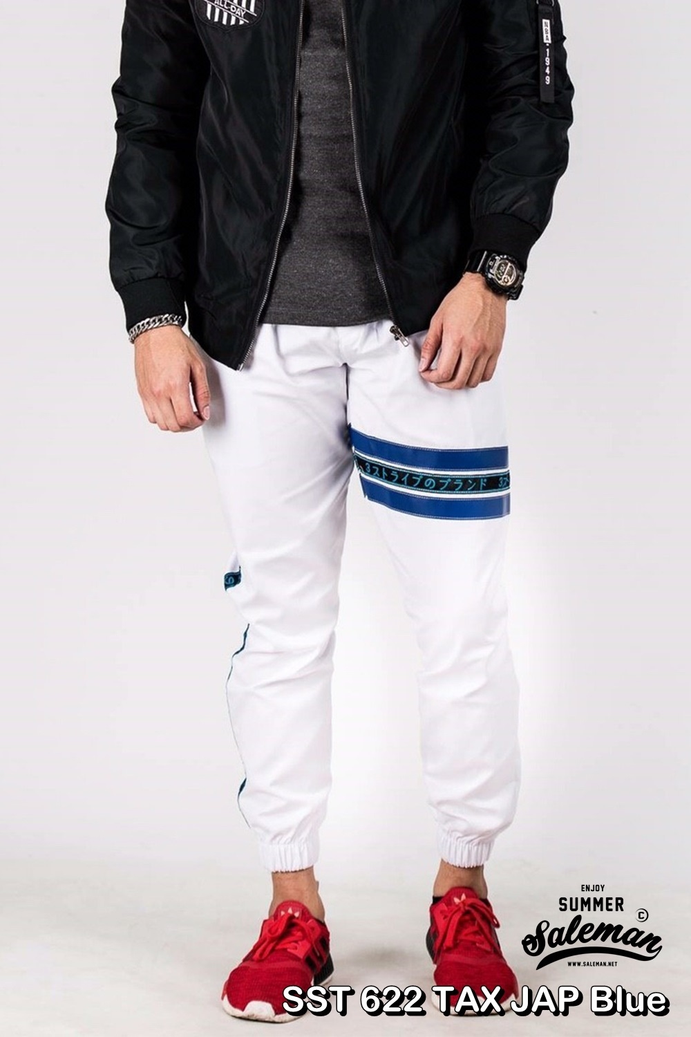 กางเกง JOGGER พรีเมี่ยม ผ้า COTTON รหัส SST 622 TAX JAP Blue สีขาว แถบน้ำเงิน