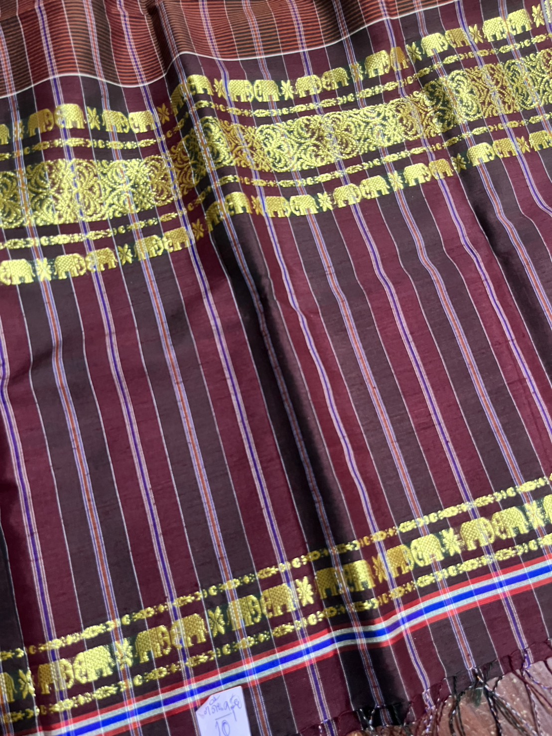 ผ้าขาวม้า ไหมแท้ ยกขิดดิ้นลายช้าง มีชายครุย ขนาด 65X200ซม. รหัส R4E-NY-10