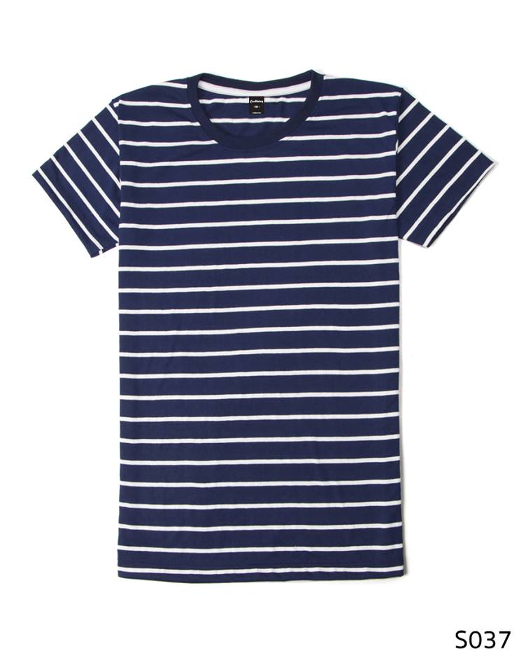 เสื้อยืดคอกลมลายทาง S037 (สีกรมริ้วขาว)