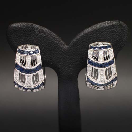 ER25067 ต่างหูห่วงเพชรฝังไพลิน เพชรแท้ 0.50 กะรัต ทองแท้ 18k นน.รวม 8.8 กรัม งานสวย