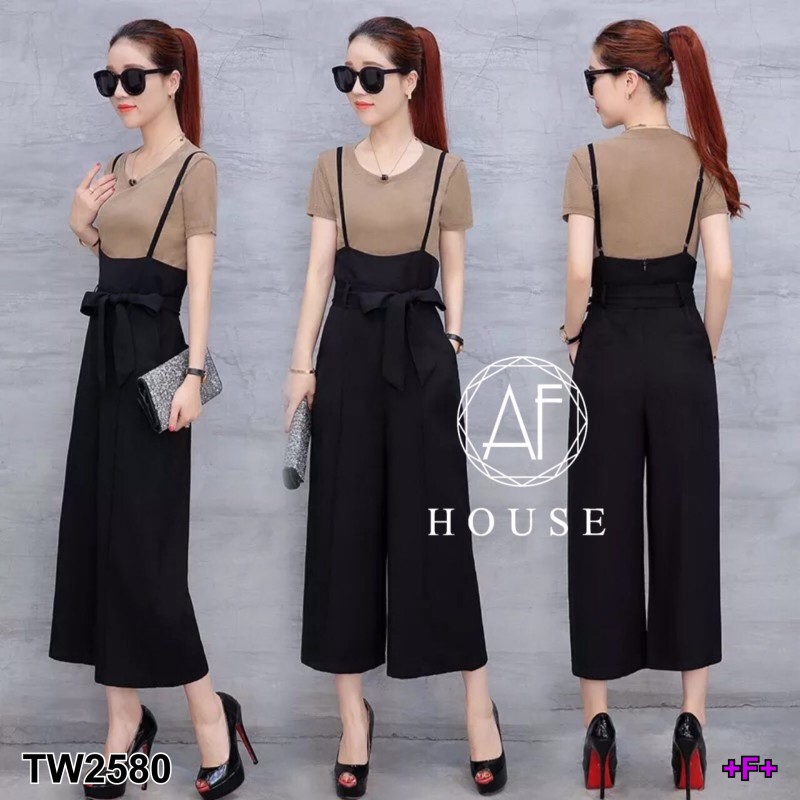 Set 2 ชิ้น เสื้อยืด+เอี้ยมเอวสูงขายาว ผูกโบว์ TW2580