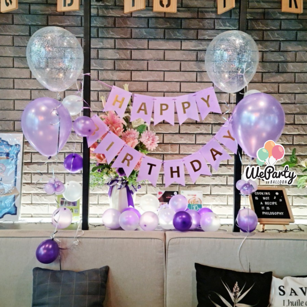 ลูกโป่งวันเกิด Happy Birthday ธงสีม่วง1ชุด+ช่อลอย2ช่อ+ลูกเล็กเป่าร้อยเส้นริบบิ้น4เส้น 1เส้น6ลูก (30pcs) (สนใจสั่งซื้อผ่าน Line: @weparty)