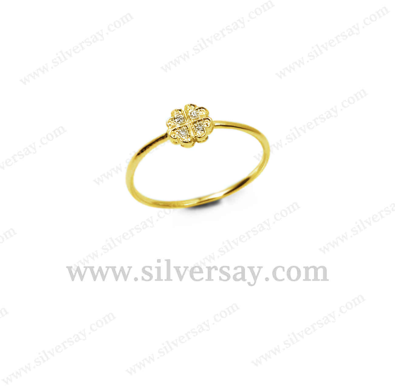 แหวนใบโคลเวอร์จิ๋ว Clover 4/ตัดขอบ/ฝังเพชรสวิส/สีทองคำ22k