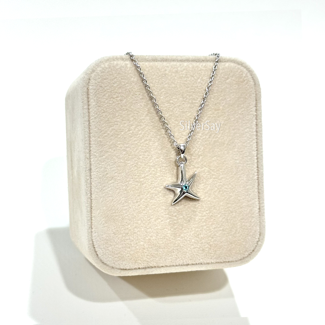จี้ปลาดาว Starfish ฝังเพชรสวิสสีฟ้าอความารีน 1 เม็ด