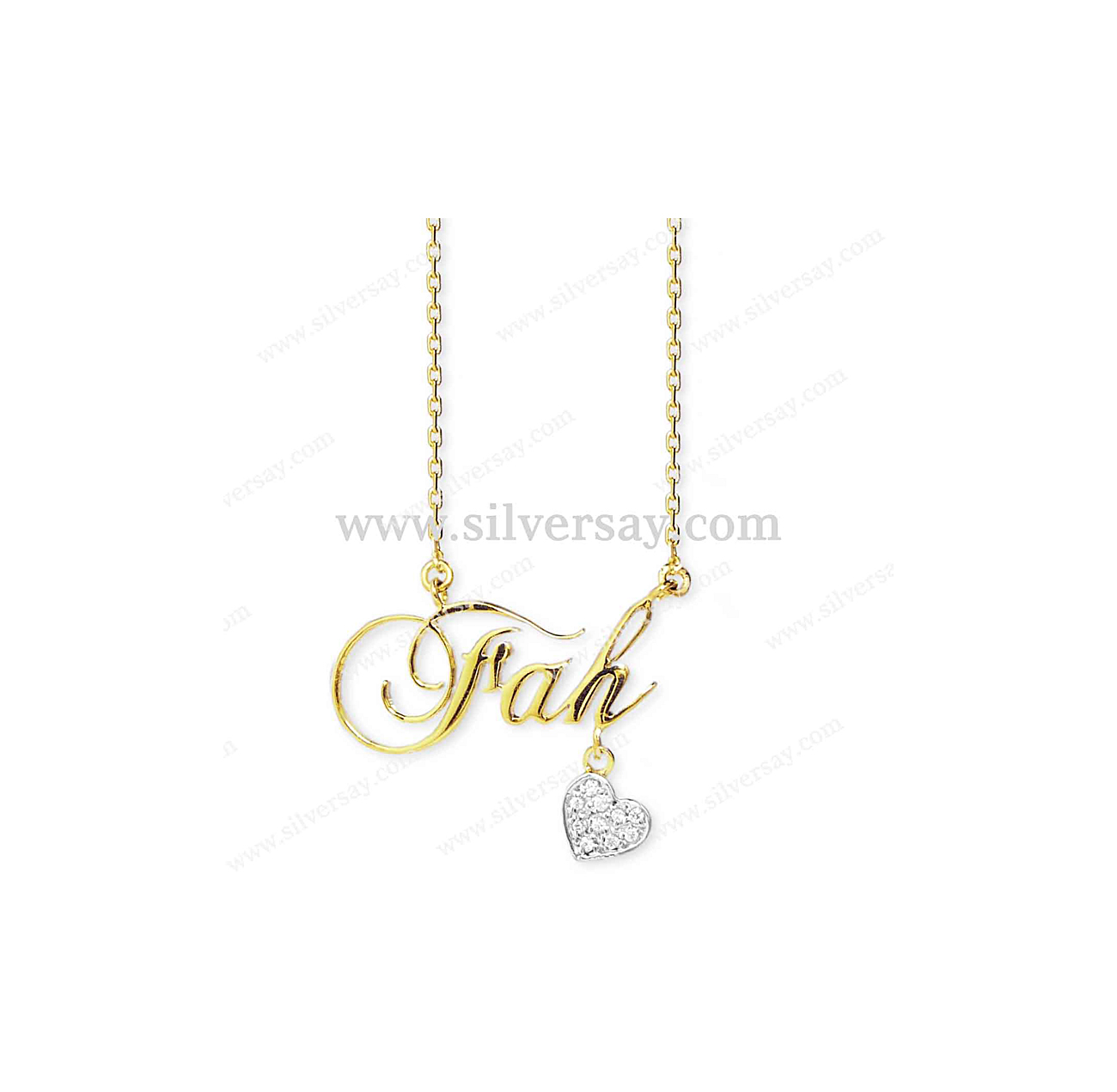 จี้ชื่อ-สร้อยชื่อ "Fah" หัวใจตุ้งติ้งฝังเพชรสวิส พร้อมสร้อยคอลายอิตาลี เงินแท้ 925 ชุบทองคำ22k