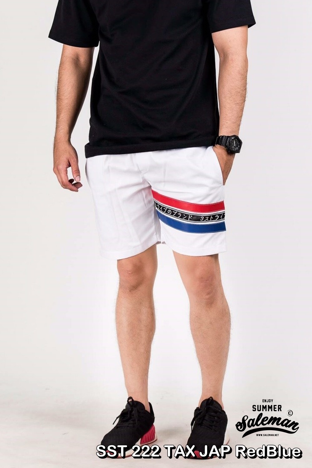 กางเกงขาสั้น พรีเมี่ยม ผ้า COTTON รหัส SST 222 TAX JAP RedBlue สีขาว แถบแดงน้ำเงิน