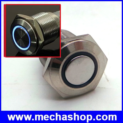 สวิทซ์กดติดปล่อยดับ มีไฟ LED วงแหวนสีน้ำเงิน 12V 16mm Flat round momentary ring lamp waterproof IP67 switch 1635F